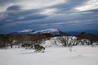 Mt Eadley Stoney and behind it The Bluff, under deep snow in winter - with more on the way.
